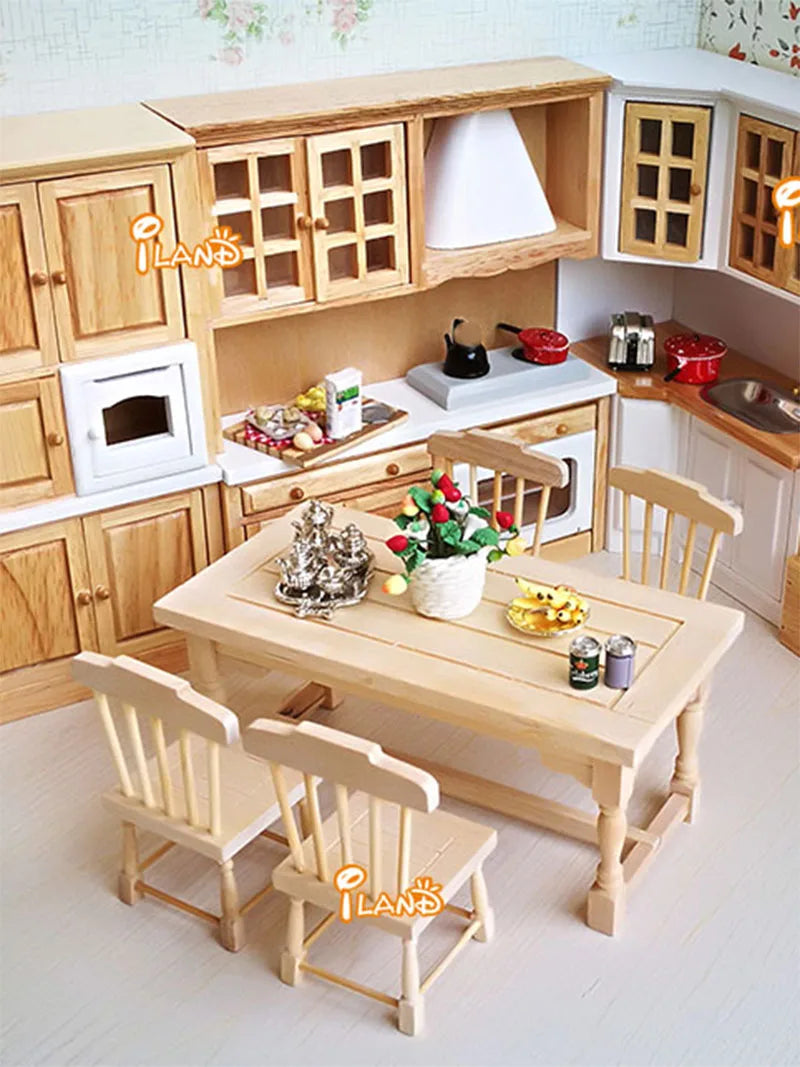 1:12 Scale Wooden Dining Table With 4 Chairs Miniature Dollhouse Furniture For Living Room Accessories Unpainted DIY Toys