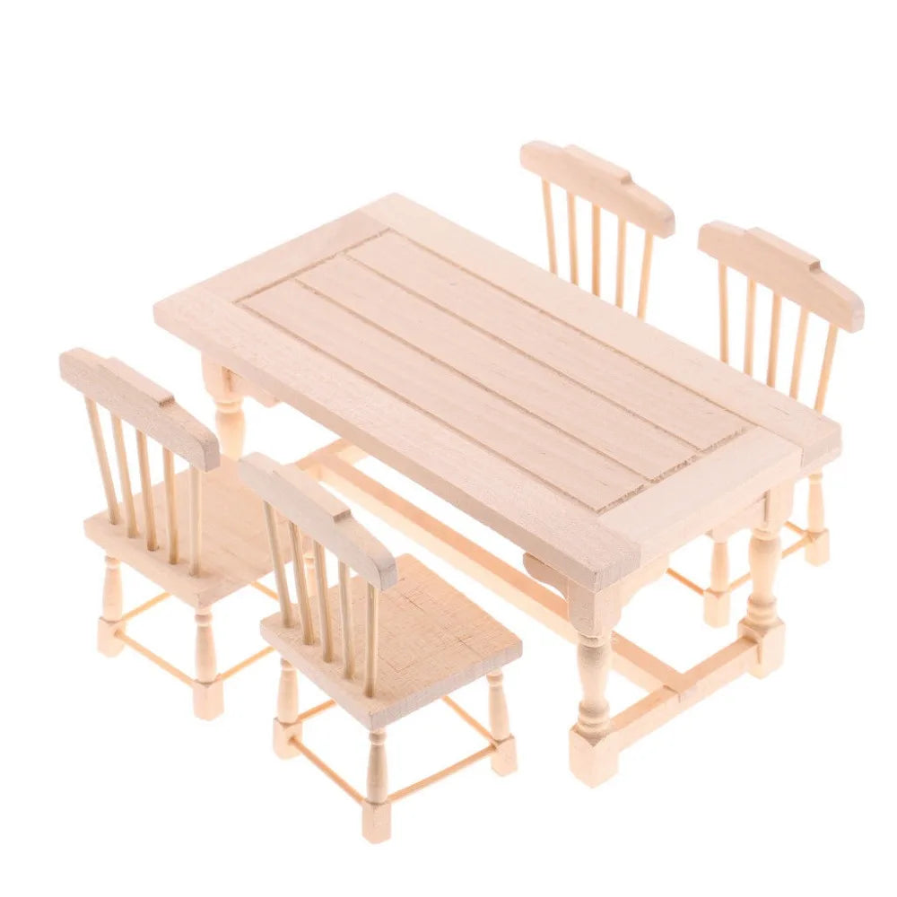 1:12 Scale Wooden Dining Table With 4 Chairs Miniature Dollhouse Furniture For Living Room Accessories Unpainted DIY Toys