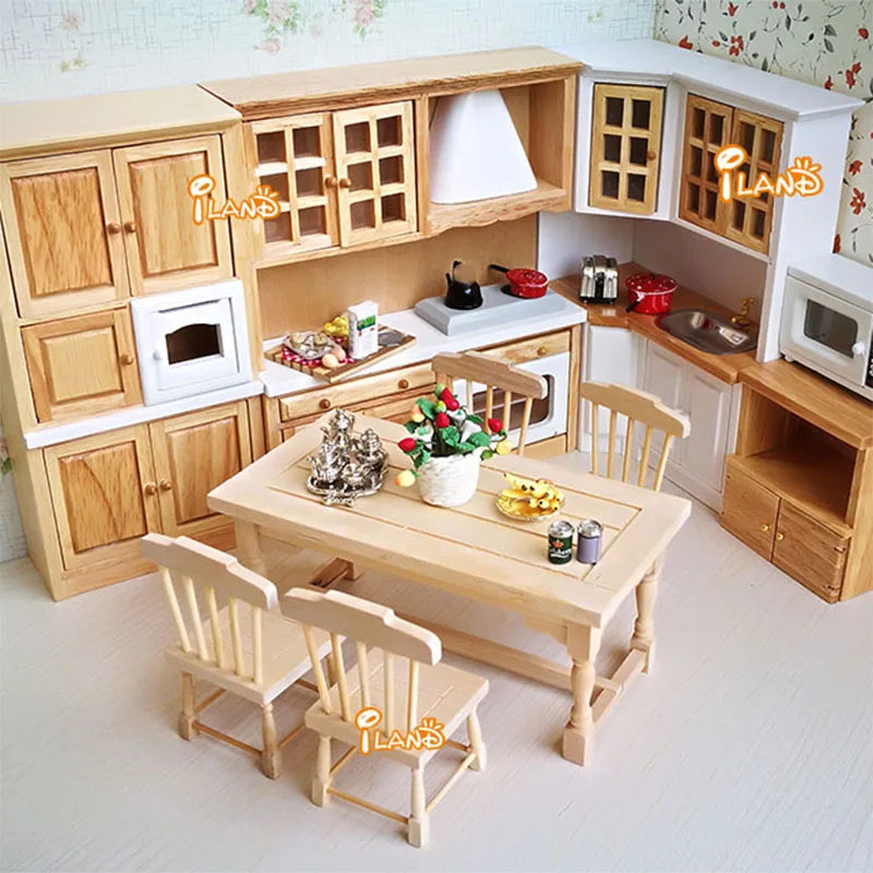 1:12 Scale Wooden Dining Table With 4 Chairs Miniature Dollhouse Furniture For Living Room Accessories Unpainted DIY Toys