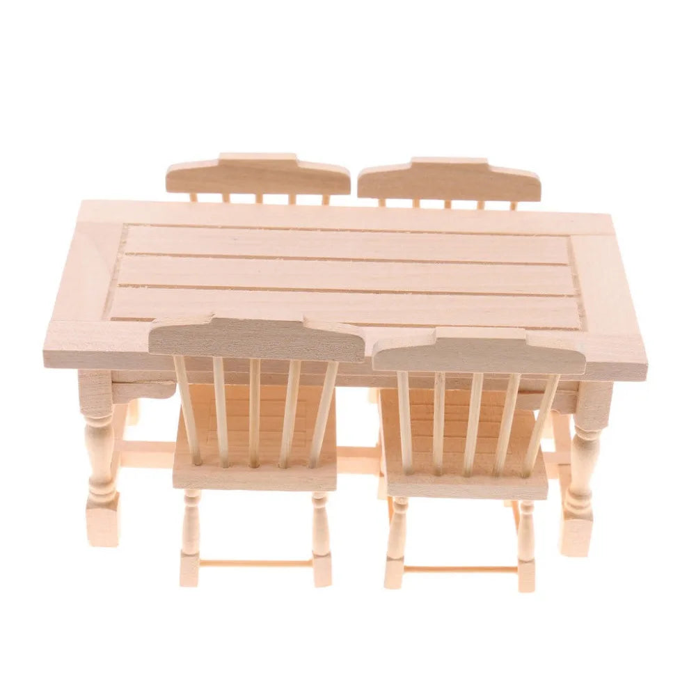 1:12 Scale Wooden Dining Table With 4 Chairs Miniature Dollhouse Furniture For Living Room Accessories Unpainted DIY Toys