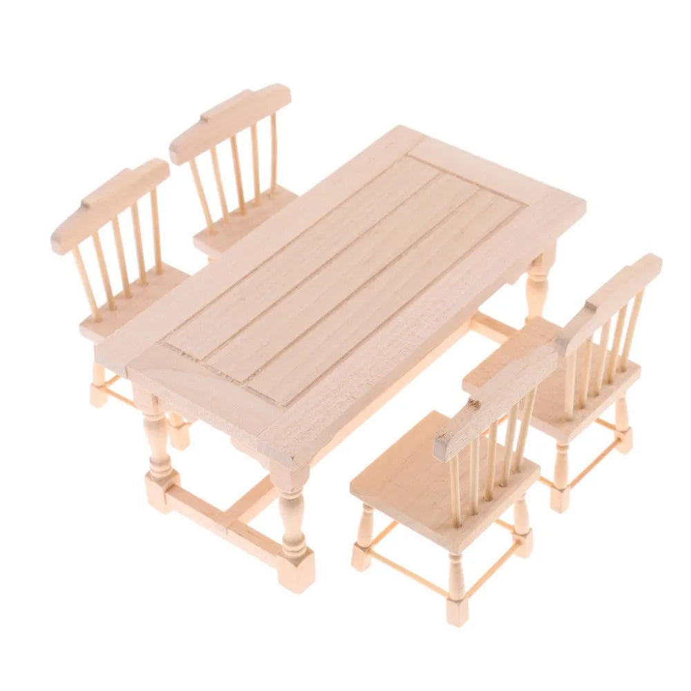 1:12 Scale Wooden Dining Table With 4 Chairs Miniature Dollhouse Furniture For Living Room Accessories Unpainted DIY Toys