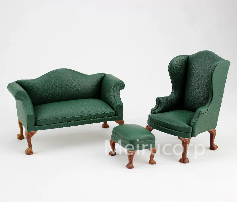 Juego de sofá y silla doble de Rexine verde a escala 1:12, muebles en miniatura para casa de muñecas, decoración para sala de estar
