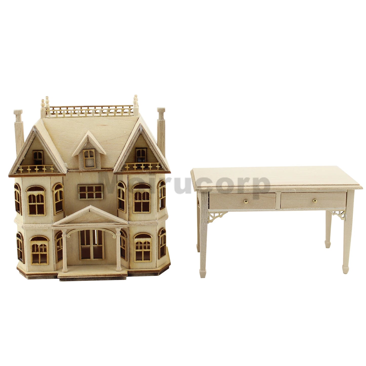 Vitrina de madera para casa de muñecas, sin pintar, escala 1:12, con forma de casa