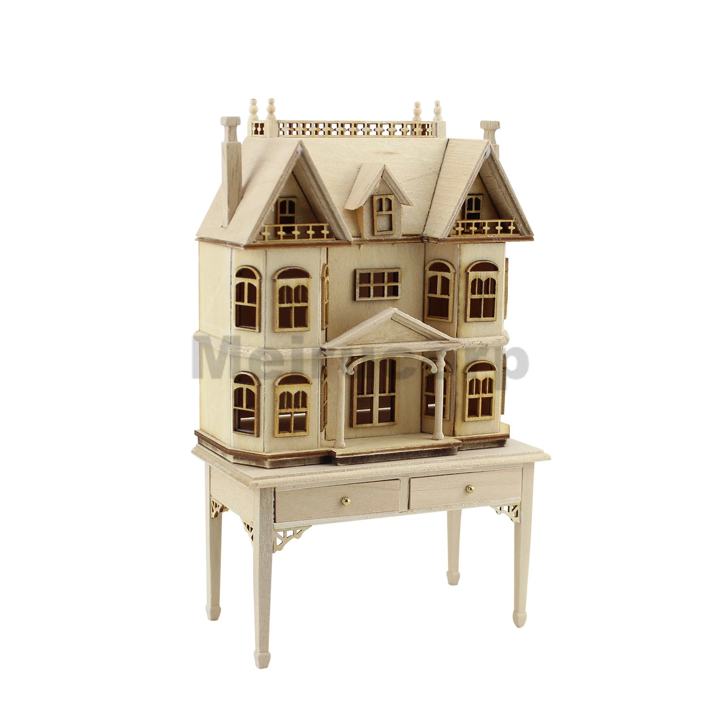 Vitrina de madera para casa de muñecas, sin pintar, escala 1:12, con forma de casa