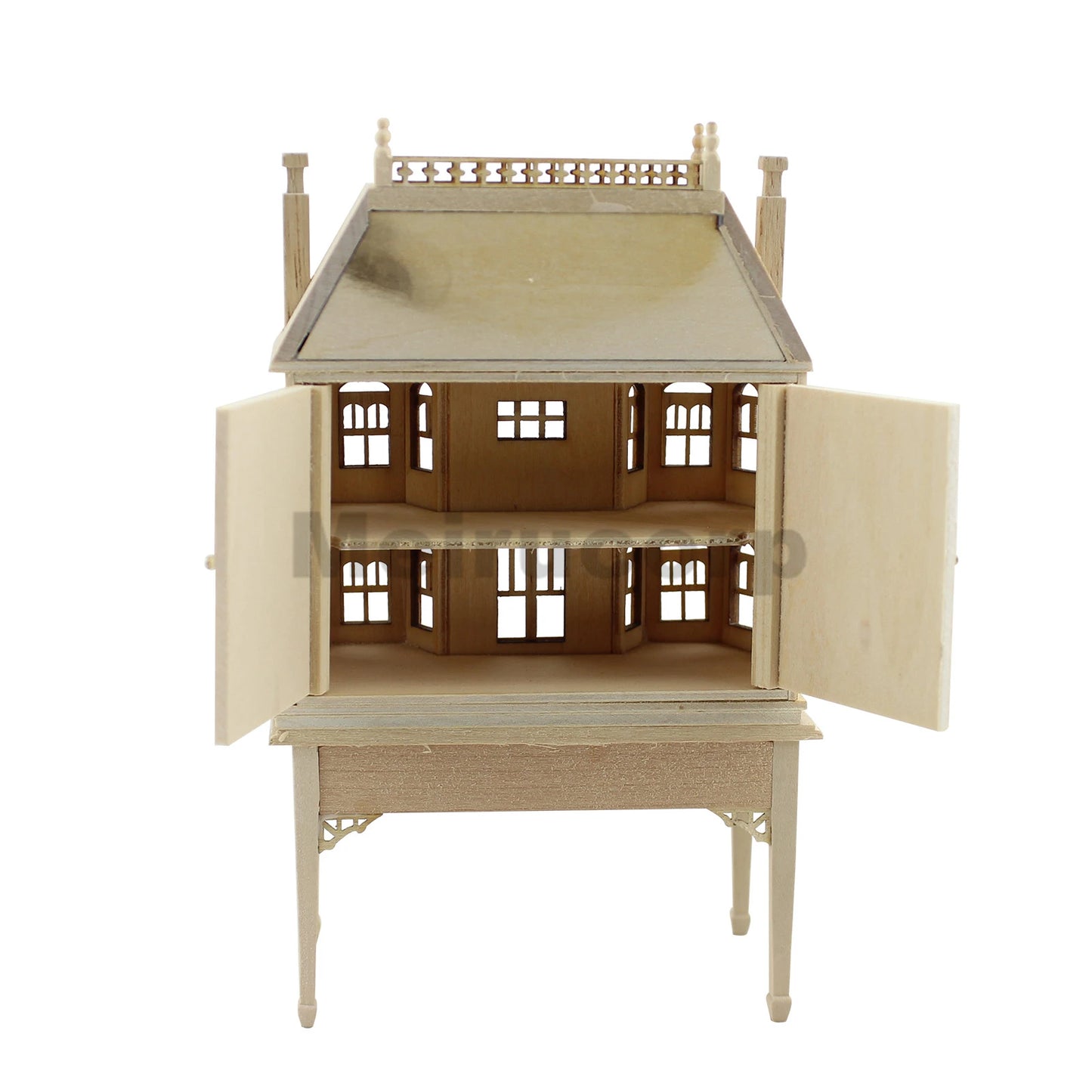 Vitrina de madera para casa de muñecas, sin pintar, escala 1:12, con forma de casa