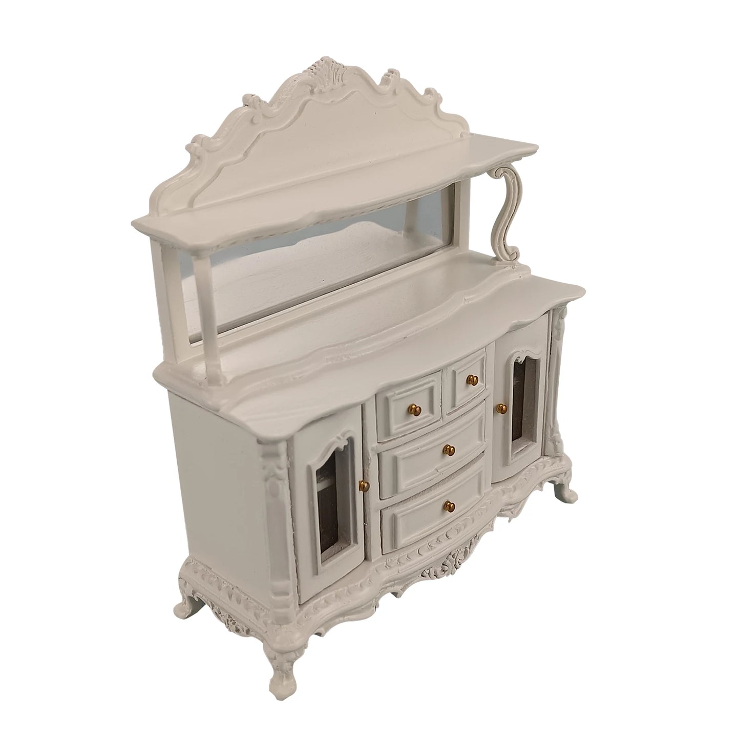 Aparador blanco en miniatura con espejo a escala 1:12 - Muebles de comedor para casa de muñecas tallados a mano