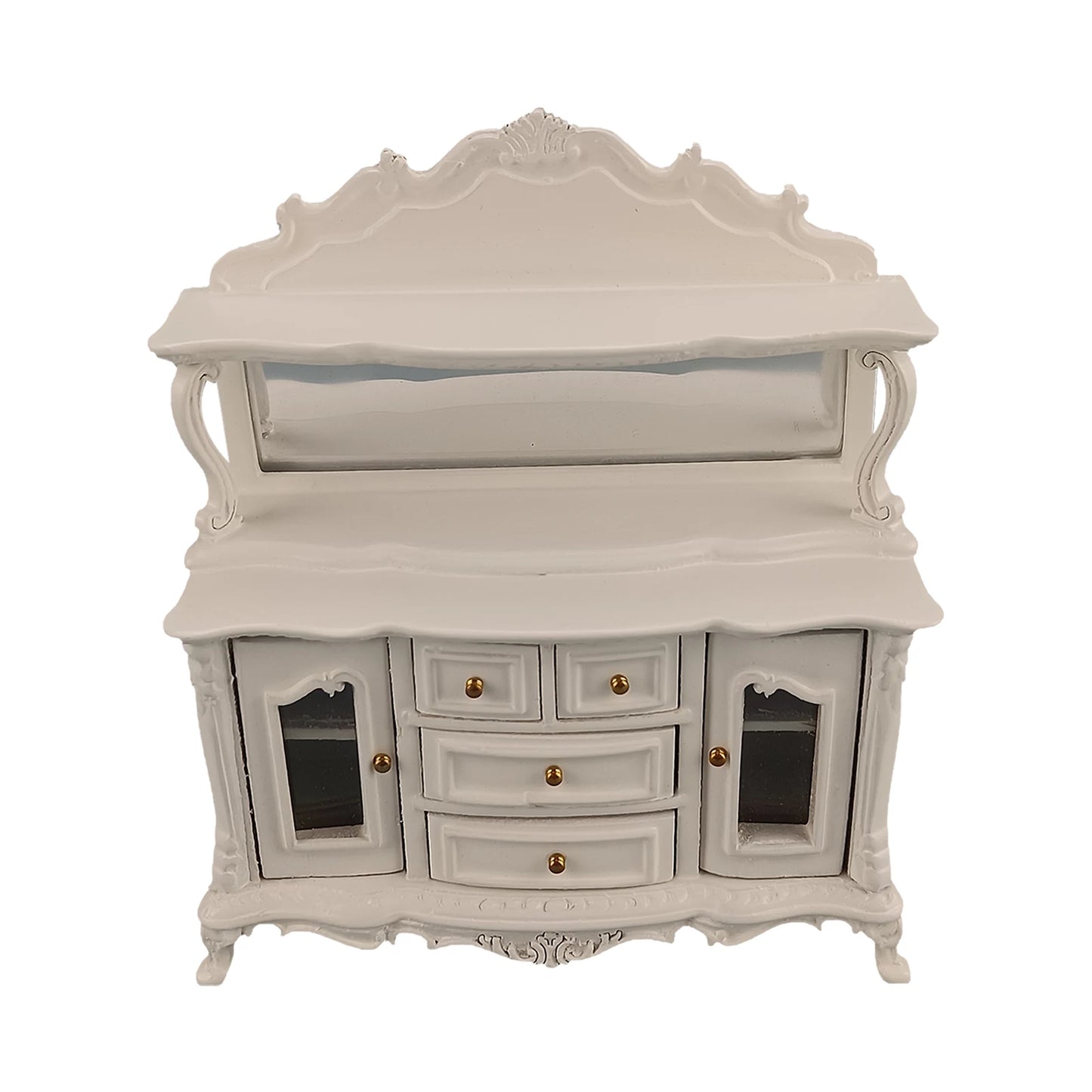 Aparador blanco en miniatura con espejo a escala 1:12 - Muebles de comedor para casa de muñecas tallados a mano