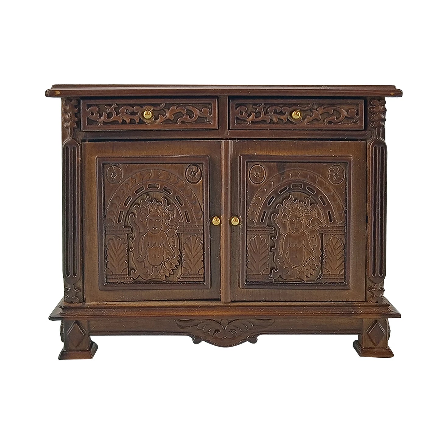 Mueble auxiliar de madera para casa de muñecas en miniatura, tallado a mano, a escala 1:12, con un intrincado diseño de retrato.