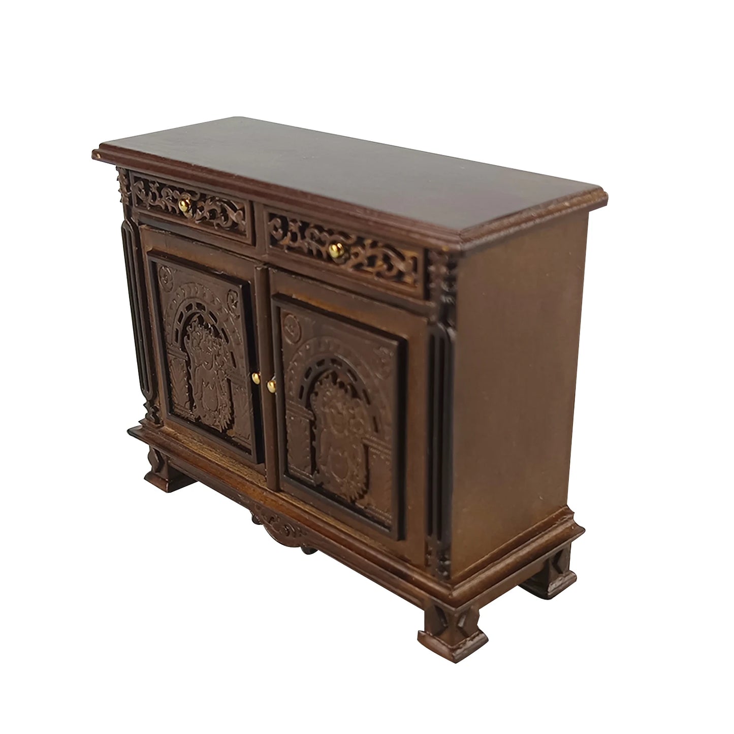 Mueble auxiliar de madera para casa de muñecas en miniatura, tallado a mano, a escala 1:12, con un intrincado diseño de retrato.
