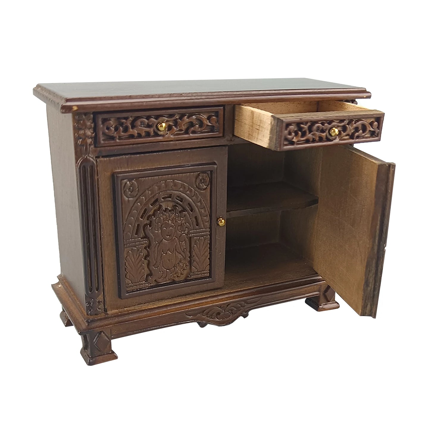 Mueble auxiliar de madera para casa de muñecas en miniatura, tallado a mano, a escala 1:12, con un intrincado diseño de retrato.