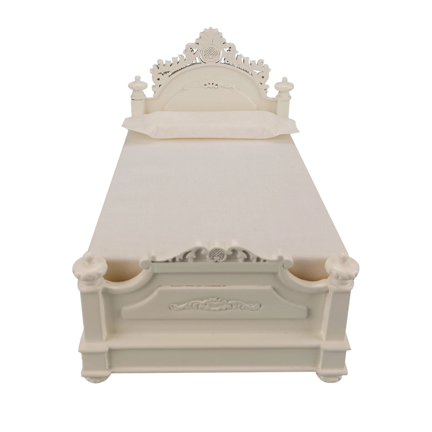 Cama de corte para casa de muñecas en miniatura de estilo europeo blanco a escala 1:12