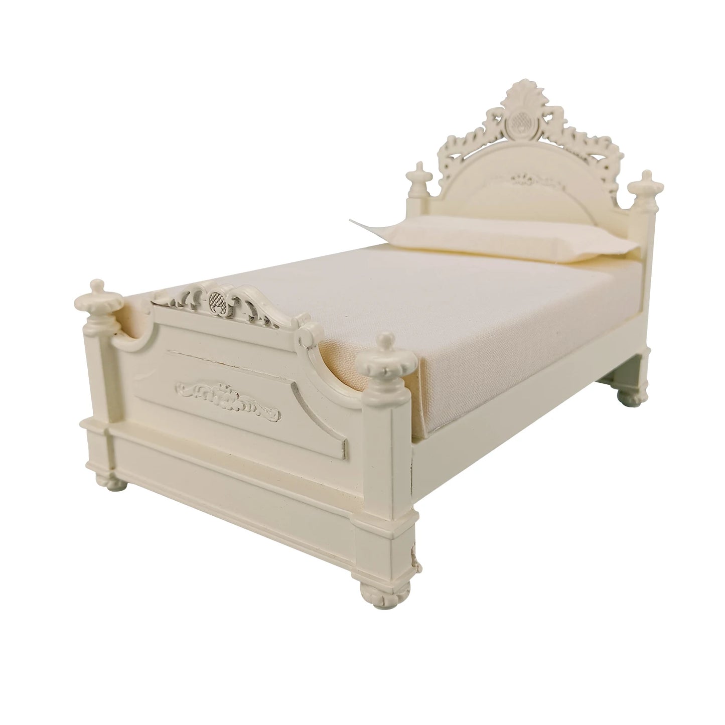 Cama de corte para casa de muñecas en miniatura de estilo europeo blanco a escala 1:12