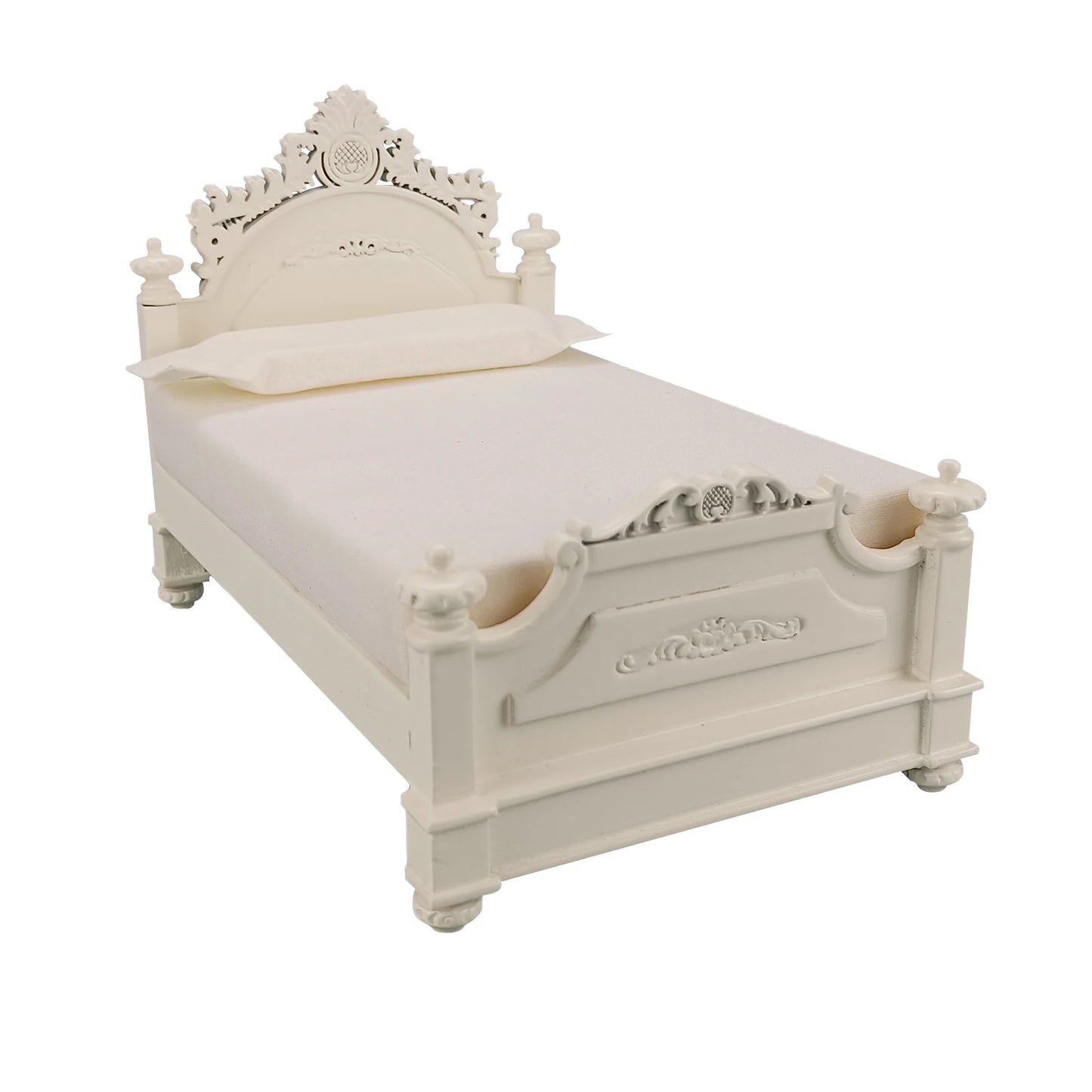 Cama de corte para casa de muñecas en miniatura de estilo europeo blanco a escala 1:12
