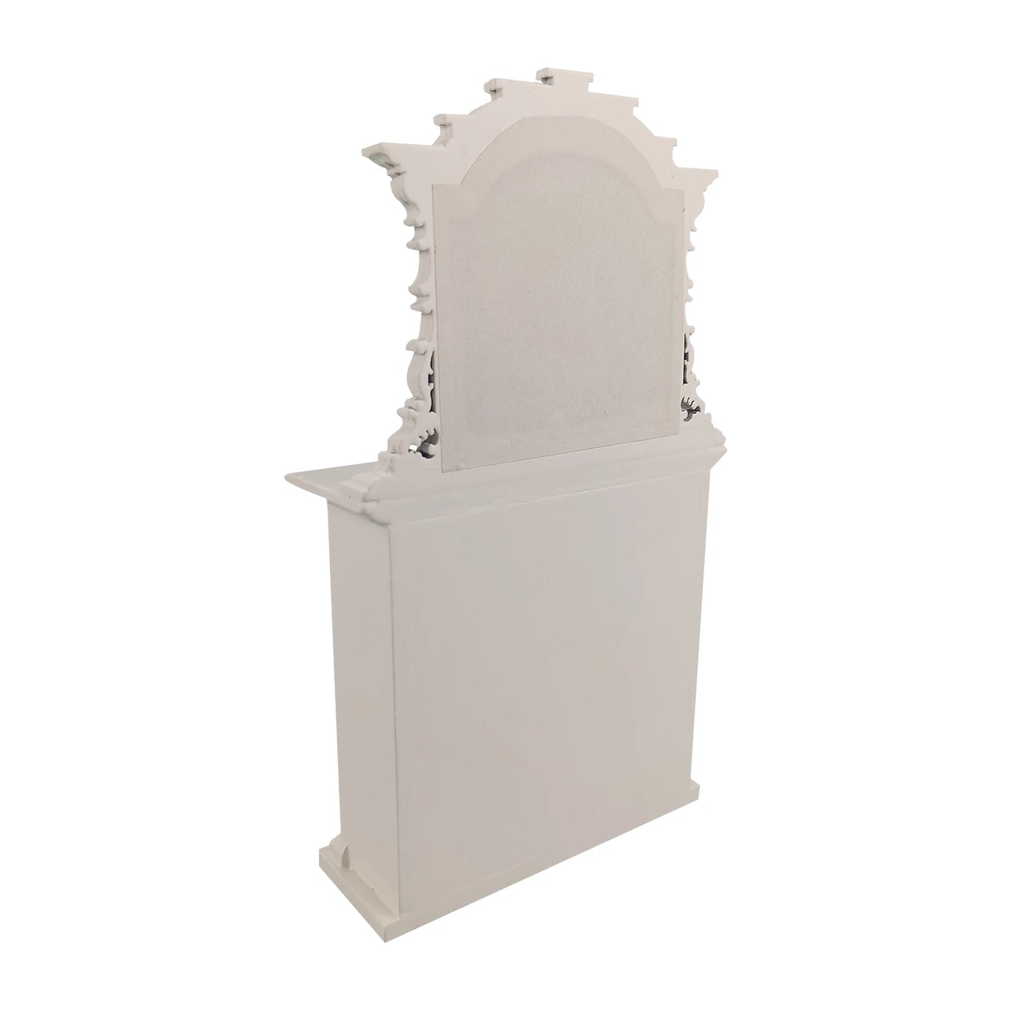 Casa de muñecas en miniatura a escala 1:12 con chimenea blanca ornamentada y muebles con espejo