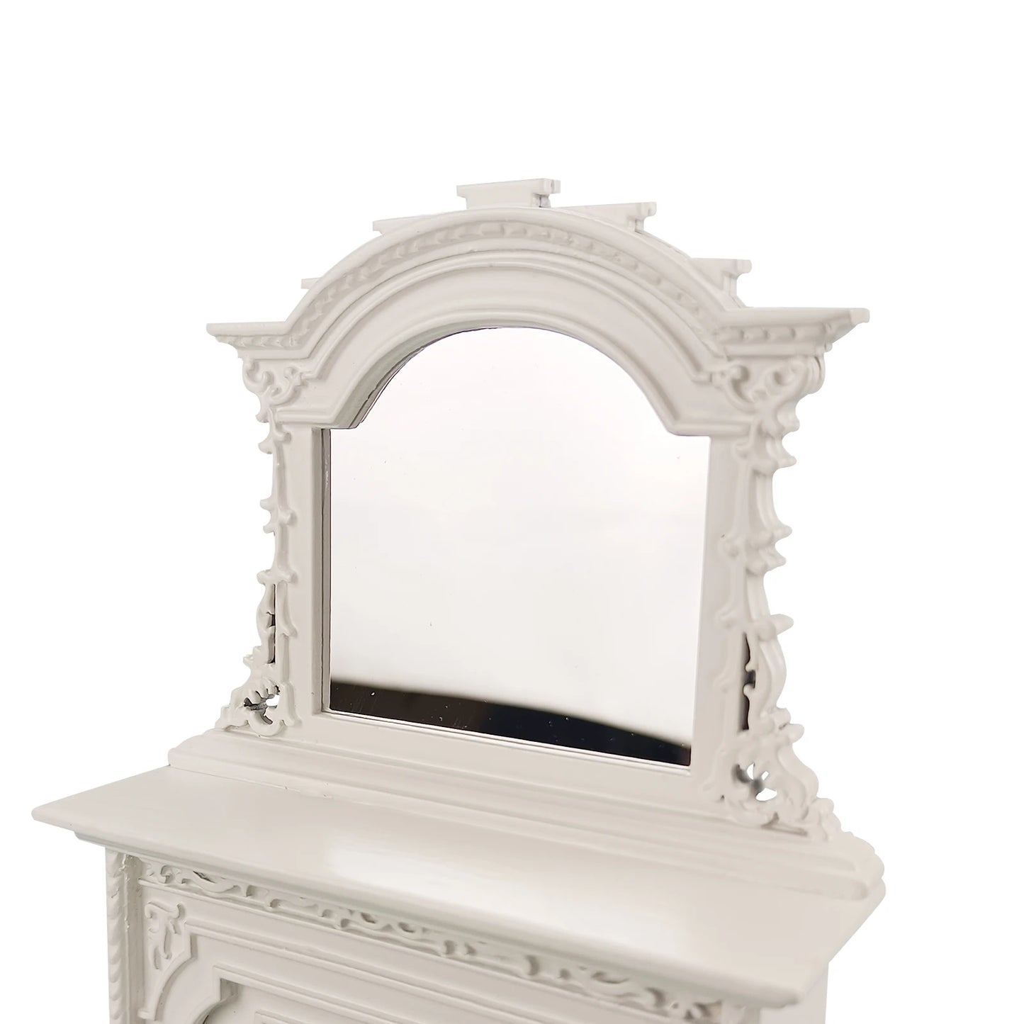 Casa de muñecas en miniatura a escala 1:12 con chimenea blanca ornamentada y muebles con espejo