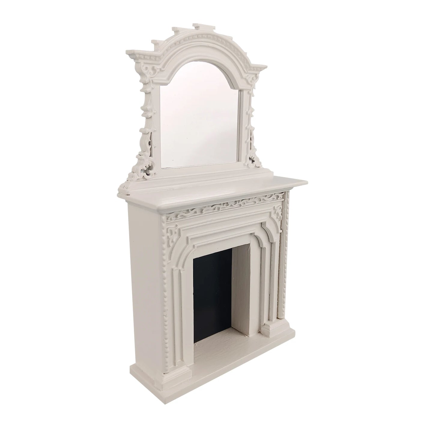 Casa de muñecas en miniatura a escala 1:12 con chimenea blanca ornamentada y muebles con espejo
