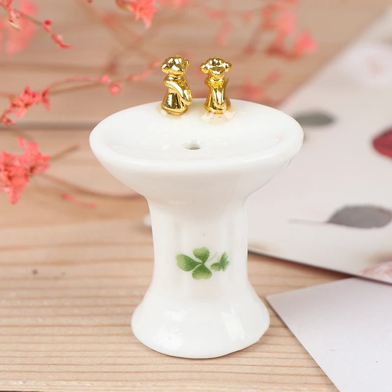 1:24 Scale Miniature Bathroom Set Modern White Ceramic Toilet Basin Bathtub With Flower Dollhouse Furniture Play Room Accessories