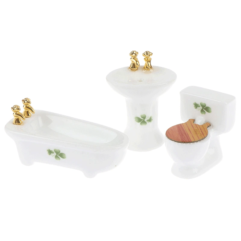 1:24 Scale Miniature Bathroom Set Modern White Ceramic Toilet Basin Bathtub With Flower Dollhouse Furniture Play Room Accessories