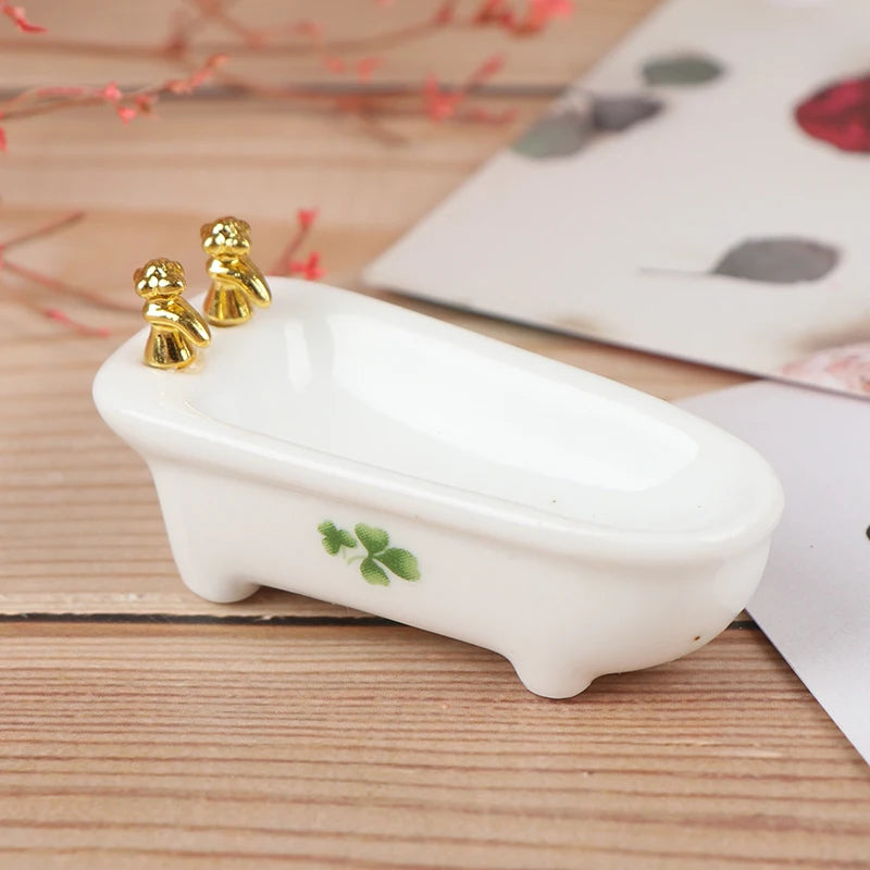 1:24 Scale Miniature Bathroom Set Modern White Ceramic Toilet Basin Bathtub With Flower Dollhouse Furniture Play Room Accessories