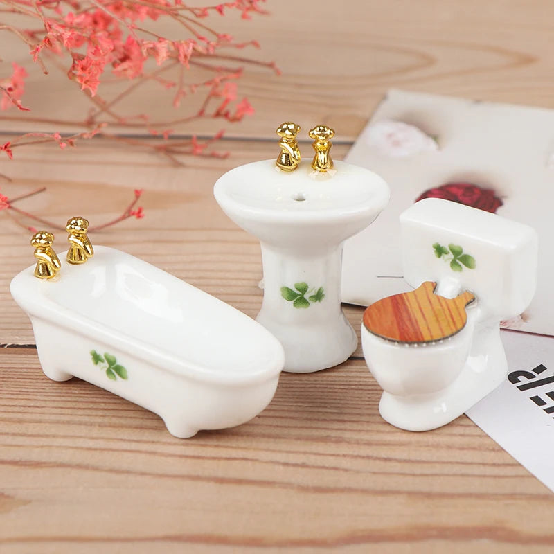 1:24 Scale Miniature Bathroom Set Modern White Ceramic Toilet Basin Bathtub With Flower Dollhouse Furniture Play Room Accessories