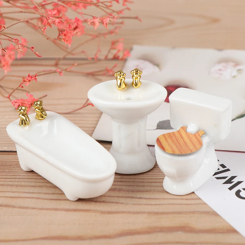 1:24 Scale Miniature Bathroom Set Modern White Ceramic Toilet Basin Bathtub With Flower Dollhouse Furniture Play Room Accessories