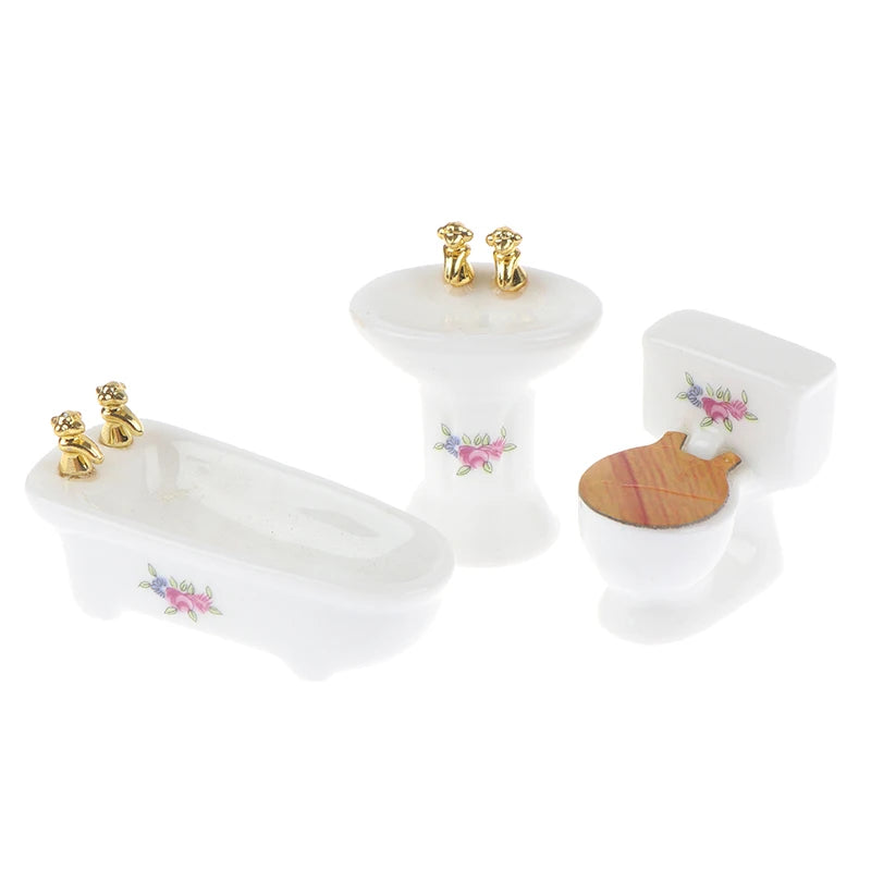 1:24 Scale Miniature Bathroom Set Modern White Ceramic Toilet Basin Bathtub With Flower Dollhouse Furniture Play Room Accessories