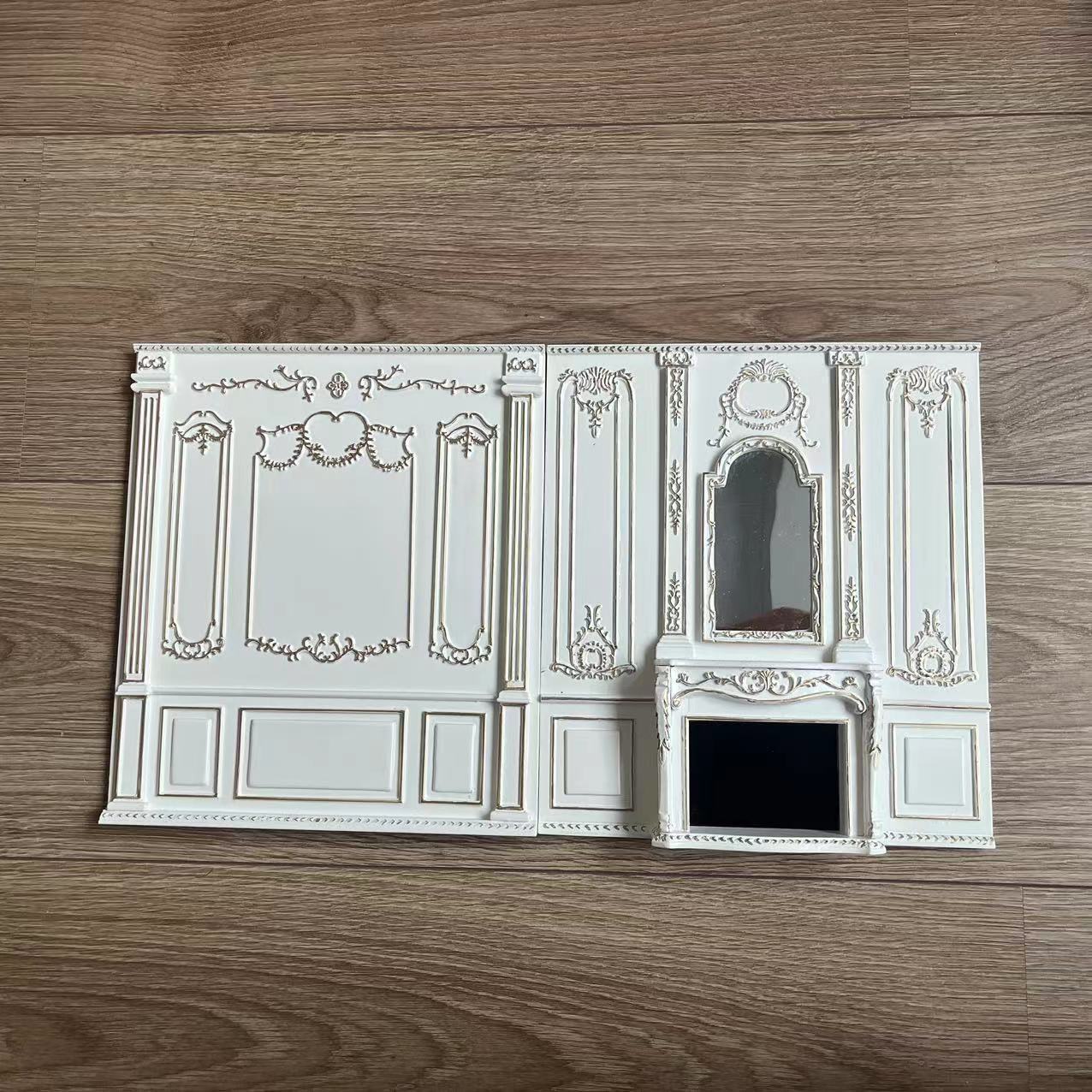 Casa de muñecas en miniatura 1:12, muebles en miniatura, fondo dorado, espejo y chimenea.