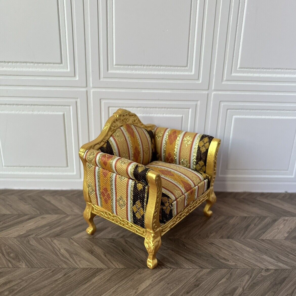 Muebles en miniatura para casa de muñecas OB11, sofá doble/individual dorado, escala 1:12