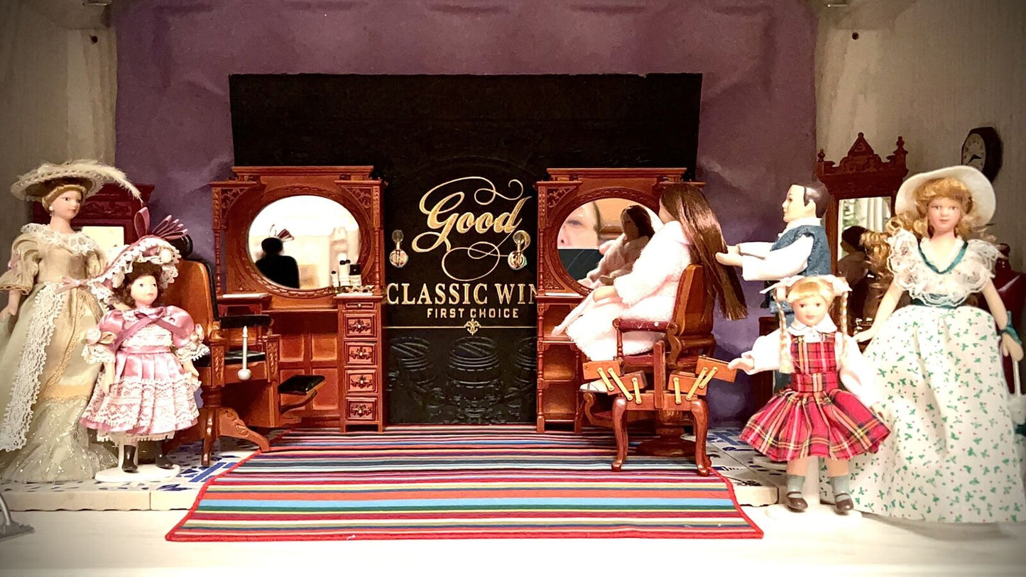 Muebles de casa de muñecas en miniatura a escala 1:12 con espejo, vitrina y mesa de barbero de mármol