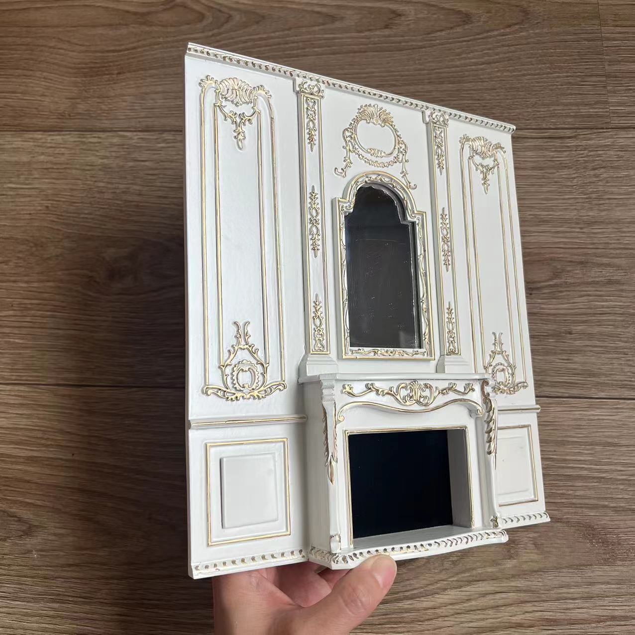 Casa de muñecas en miniatura 1:12, muebles en miniatura, fondo dorado, espejo y chimenea.