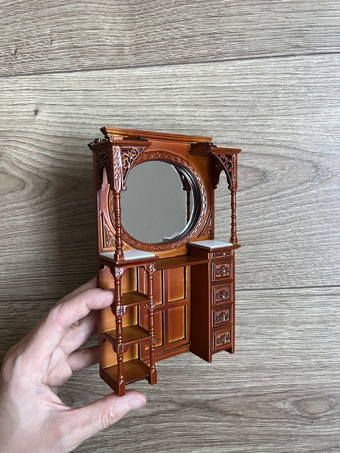 Muebles de casa de muñecas en miniatura a escala 1:12 con espejo, vitrina y mesa de barbero de mármol