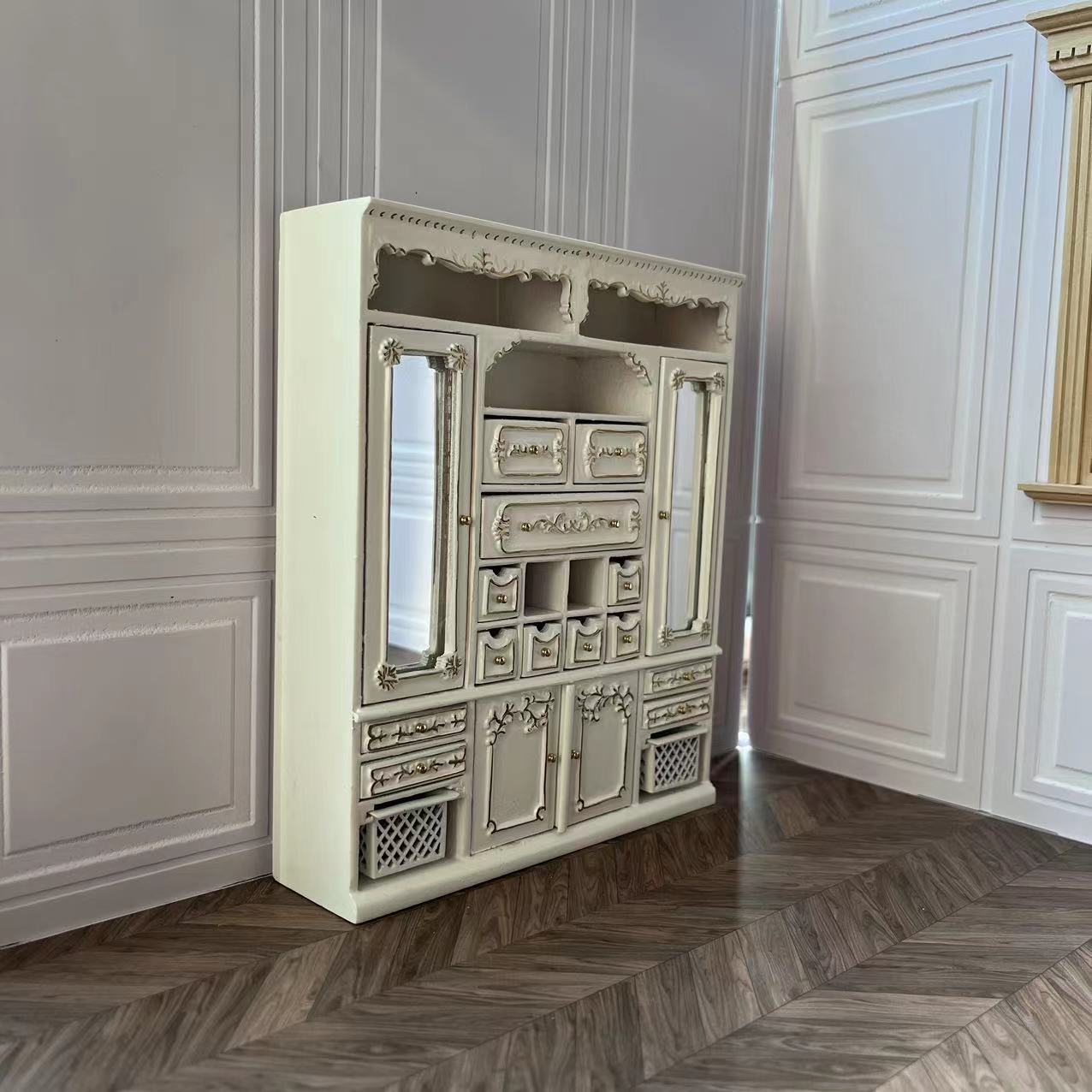 Mueble de casa de muñecas en miniatura a escala 1:12, armario de almacenamiento multifunción con cesta