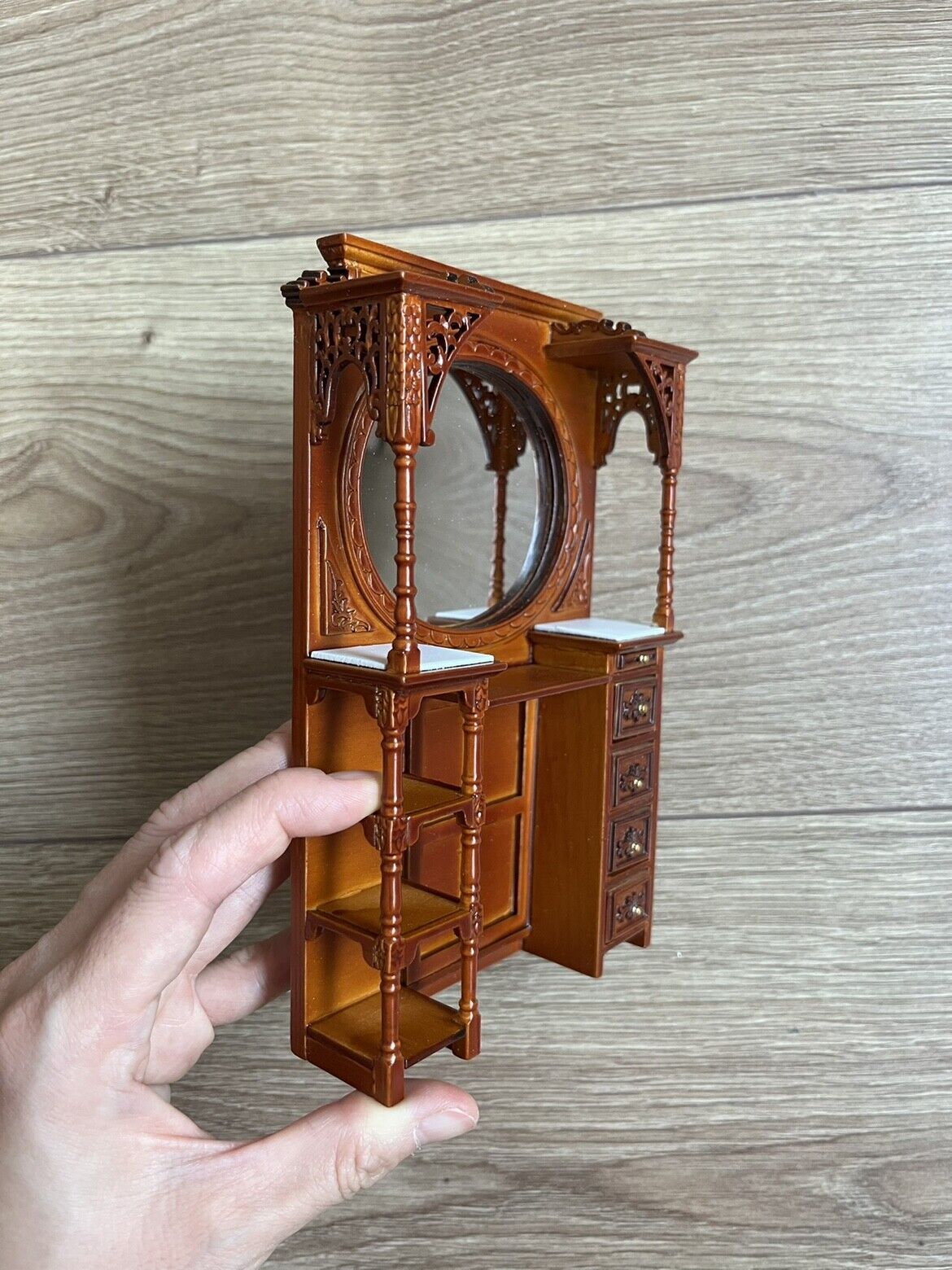 Muebles de casa de muñecas en miniatura a escala 1:12 con espejo, vitrina y mesa de barbero de mármol