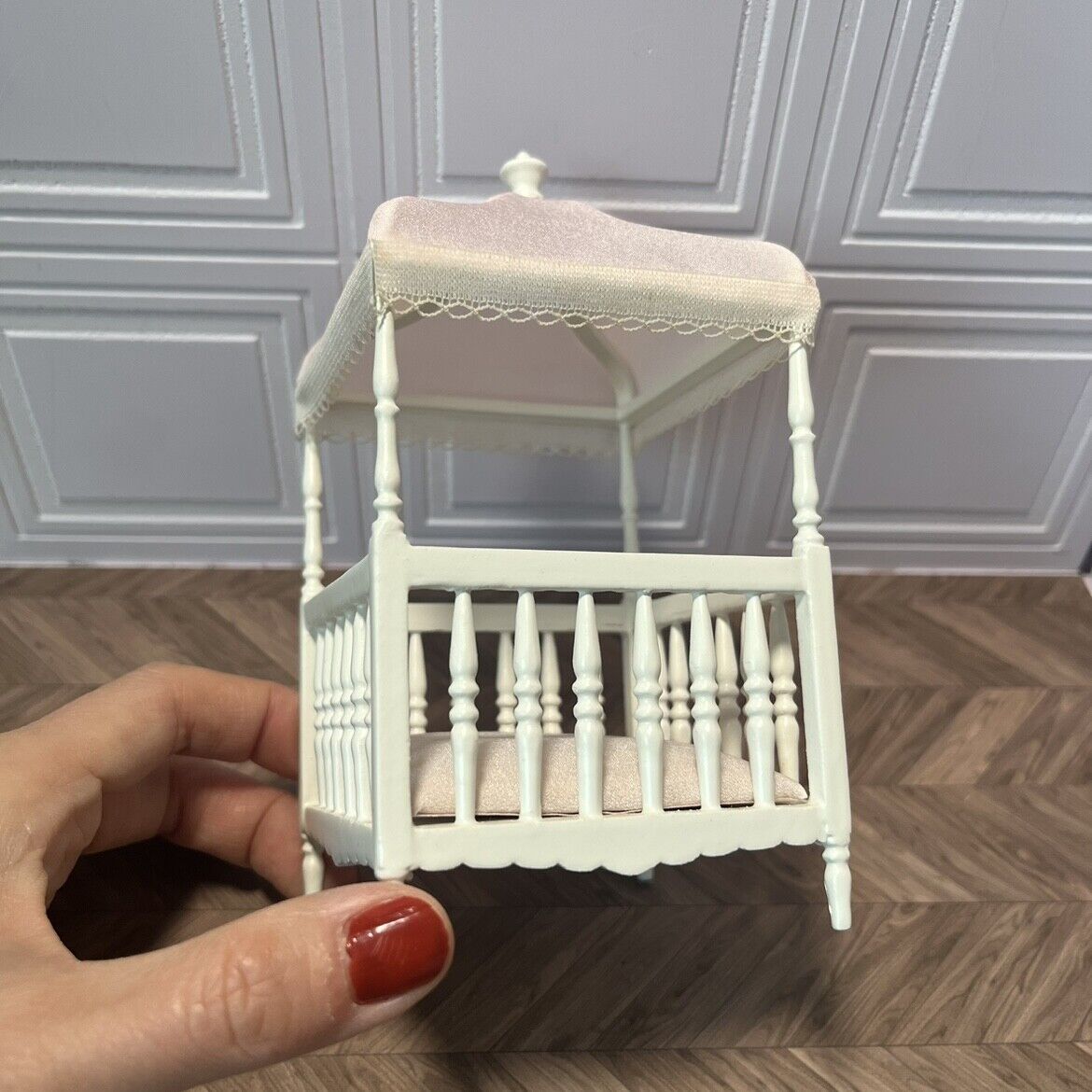 Muebles en miniatura Blythe Ob11, muebles hechos a mano, modelo rosa, techo, cuna blanca