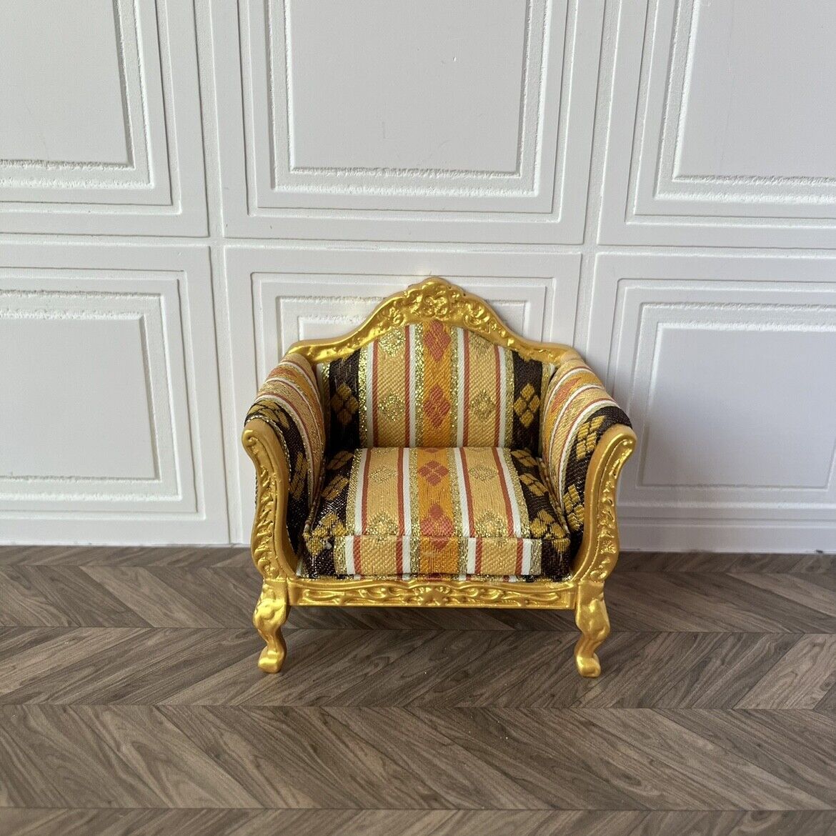 Muebles en miniatura para casa de muñecas OB11, sofá doble/individual dorado, escala 1:12
