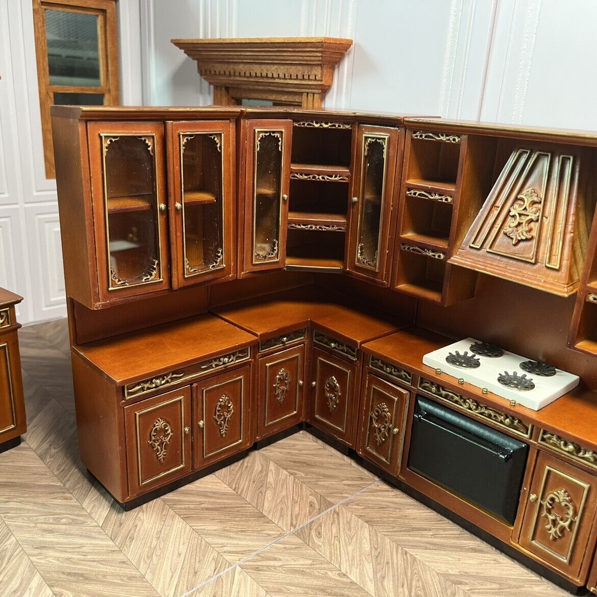Meubles miniatures pour maison de poupée, ensemble de cuisine en noyer doré, pour maison de poupée Blythe 1:12
