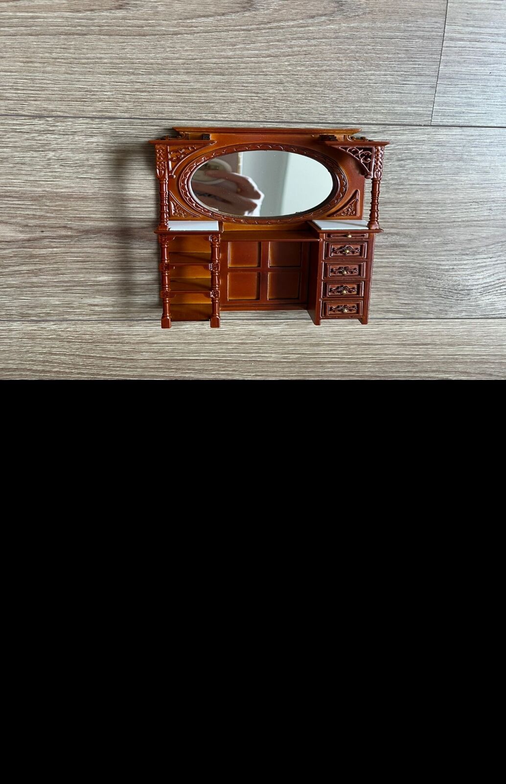 Muebles de casa de muñecas en miniatura a escala 1:12 con espejo, vitrina y mesa de barbero de mármol