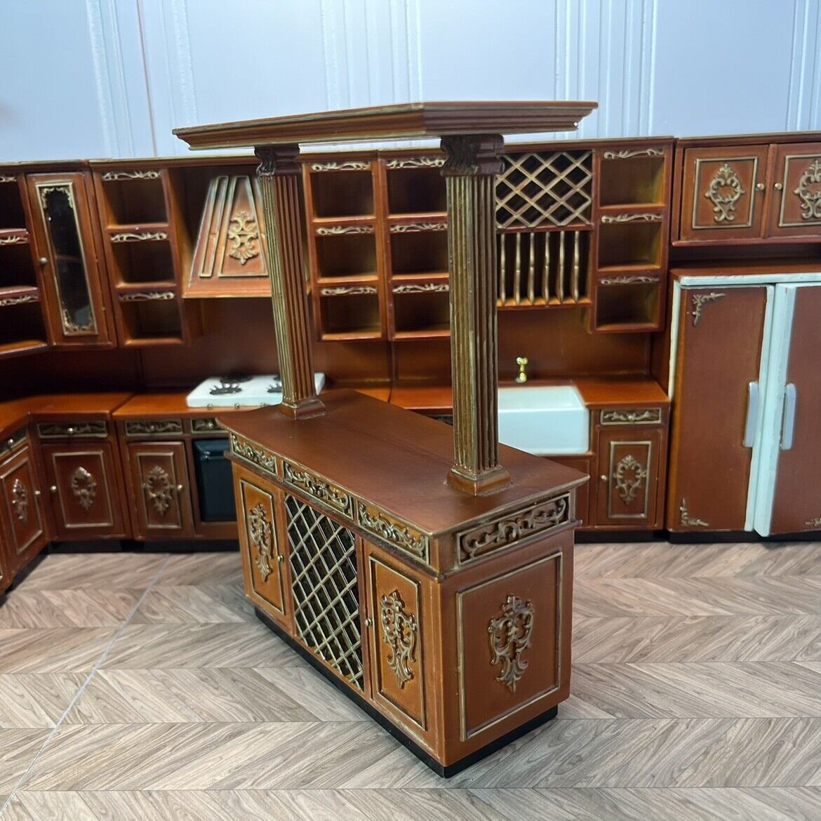 Meubles miniatures pour maison de poupée, ensemble de cuisine en noyer doré, pour maison de poupée Blythe 1:12