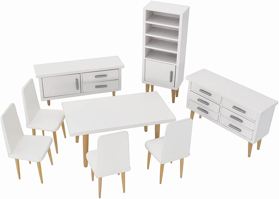 1:12 Scale Wooden Dining Room Dollhouse Furniture Miniature Table Chair Cabinet Set Modern Miniature Dollhouse Accessories