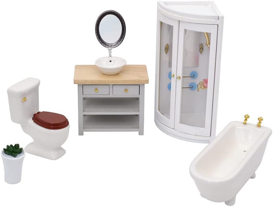 1:12 Scale Modern Bathroom Set Miniature Dollhouse Furniture With Ceramic Toilet Bathtub Wooden Cabinet Sink Accessories