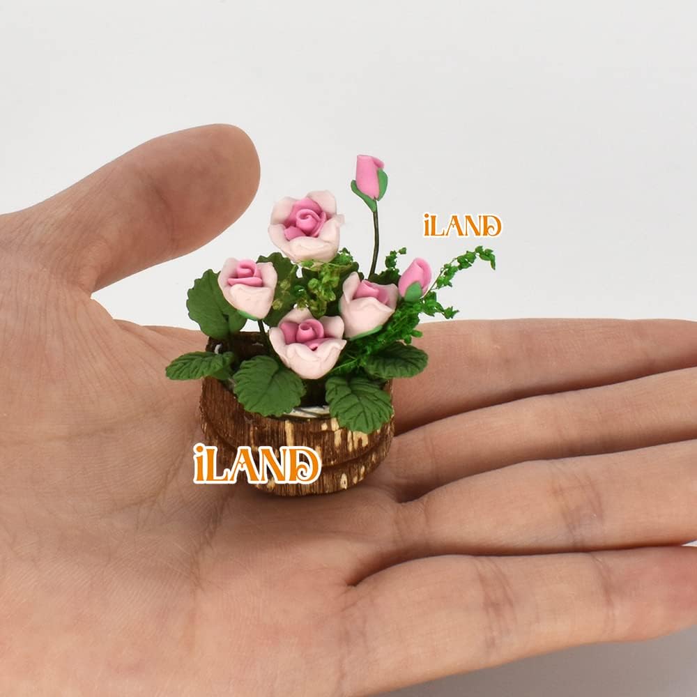 1:12 Scale Miniature Dollhouse Plants And Flowers Accessories With Tree Bark Potted Flowers