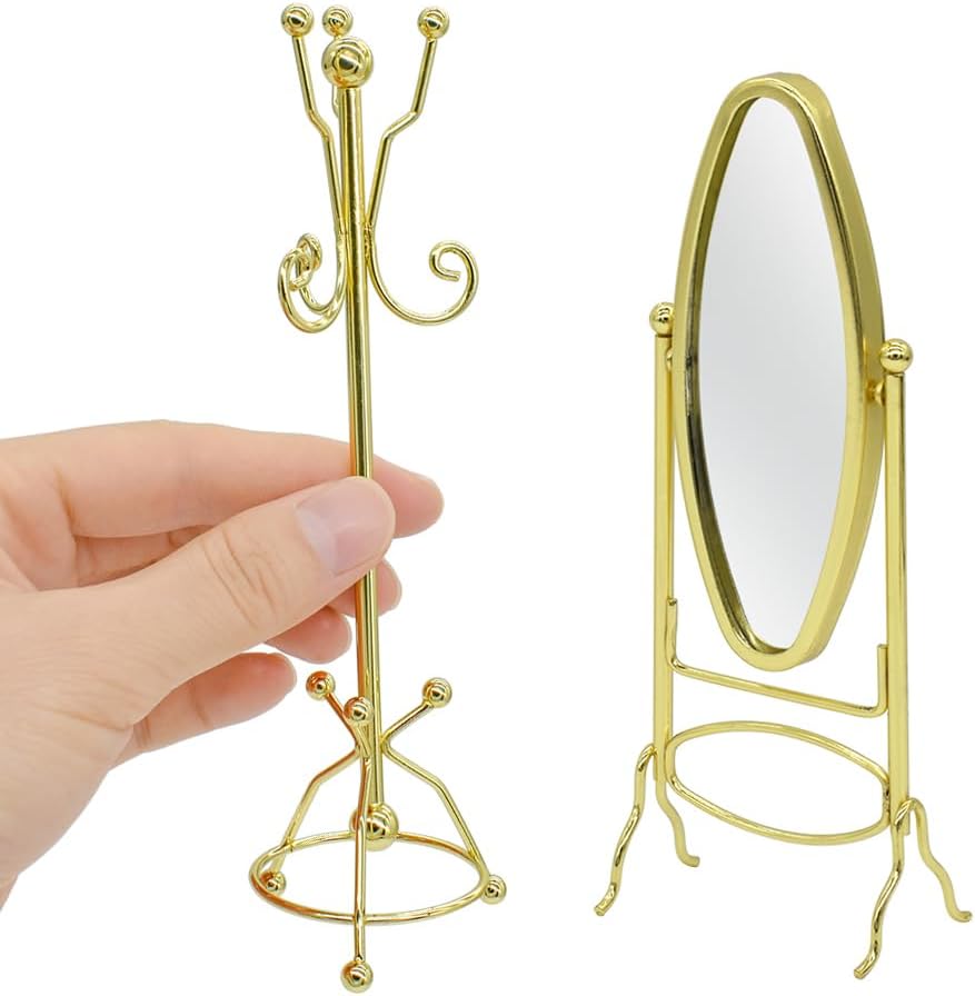 1:12 Scale Dollhouse Coat Rack Full Length Mirror Golden Miniature Furniture For Dollhouse