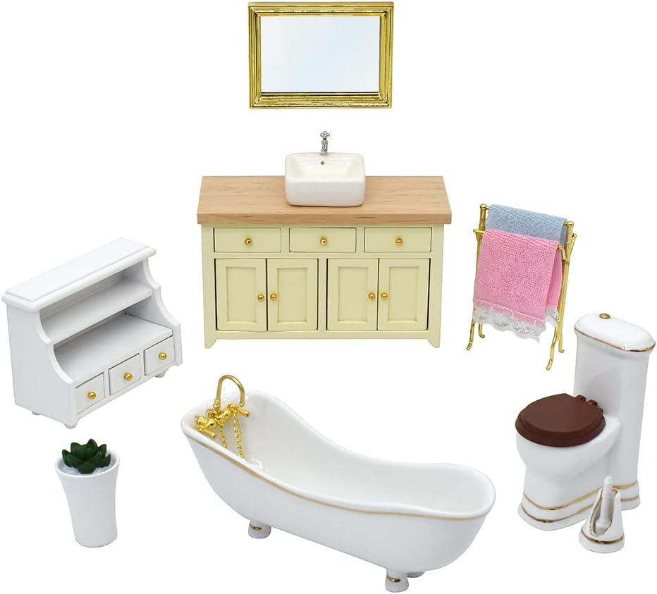 1:12 Scale Modern Bathroom Set Miniature Dollhouse Furniture With Ceramic Toilet Bathtub Wooden Cabinet Sink Accessories