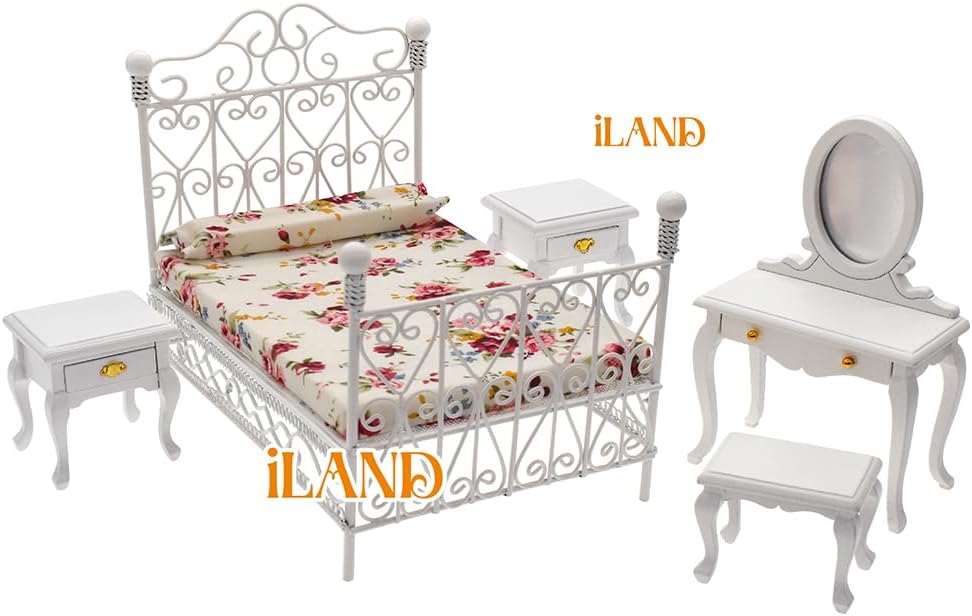 1:12 Scale Victorian Dollhouse Bedroom Furniture Set 5Pcs Miniature Metal Bed Side Table Vanity Mirror Miniature Dollhouse Accessories