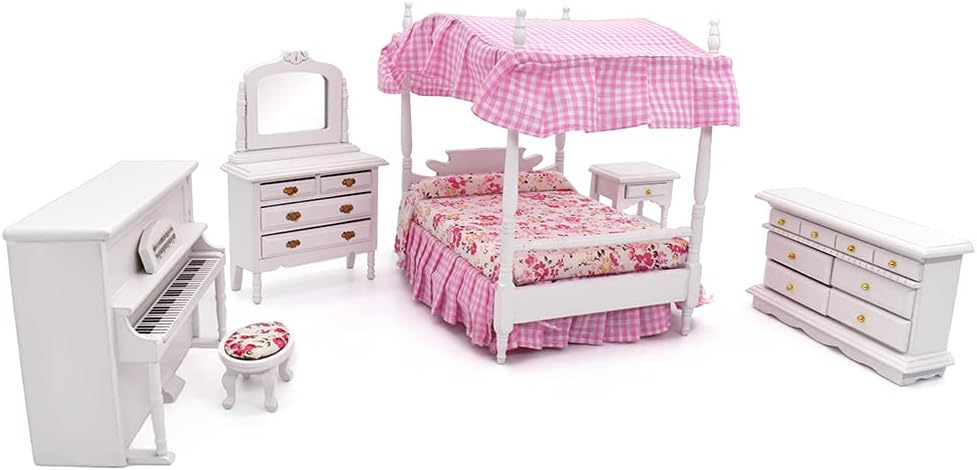 1:12 Scale Wooden Dollhouse Furniture Pink Bedroom Set With Piano Miniature Dollhouse Accessories For Girls
