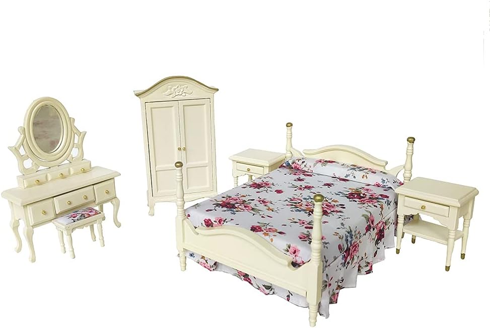 1:12 Scale Wooden Dollhouse Bedroom Furniture Set Miniature Bed Dressing Table Wardrobe Cream Color Elegant Miniature Dollhouse Accessories