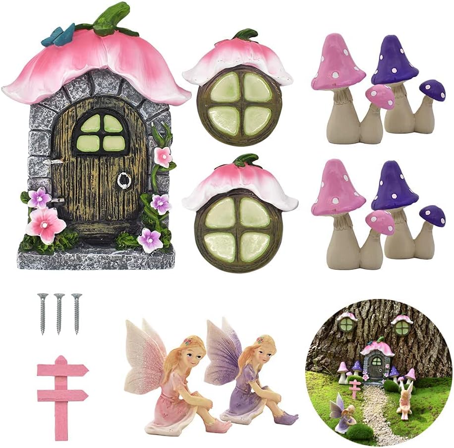 1:12 Scale Miniature Fairy Garden Accessories House With Glow In Dark Door And Windows For Trees Pink Petal Style