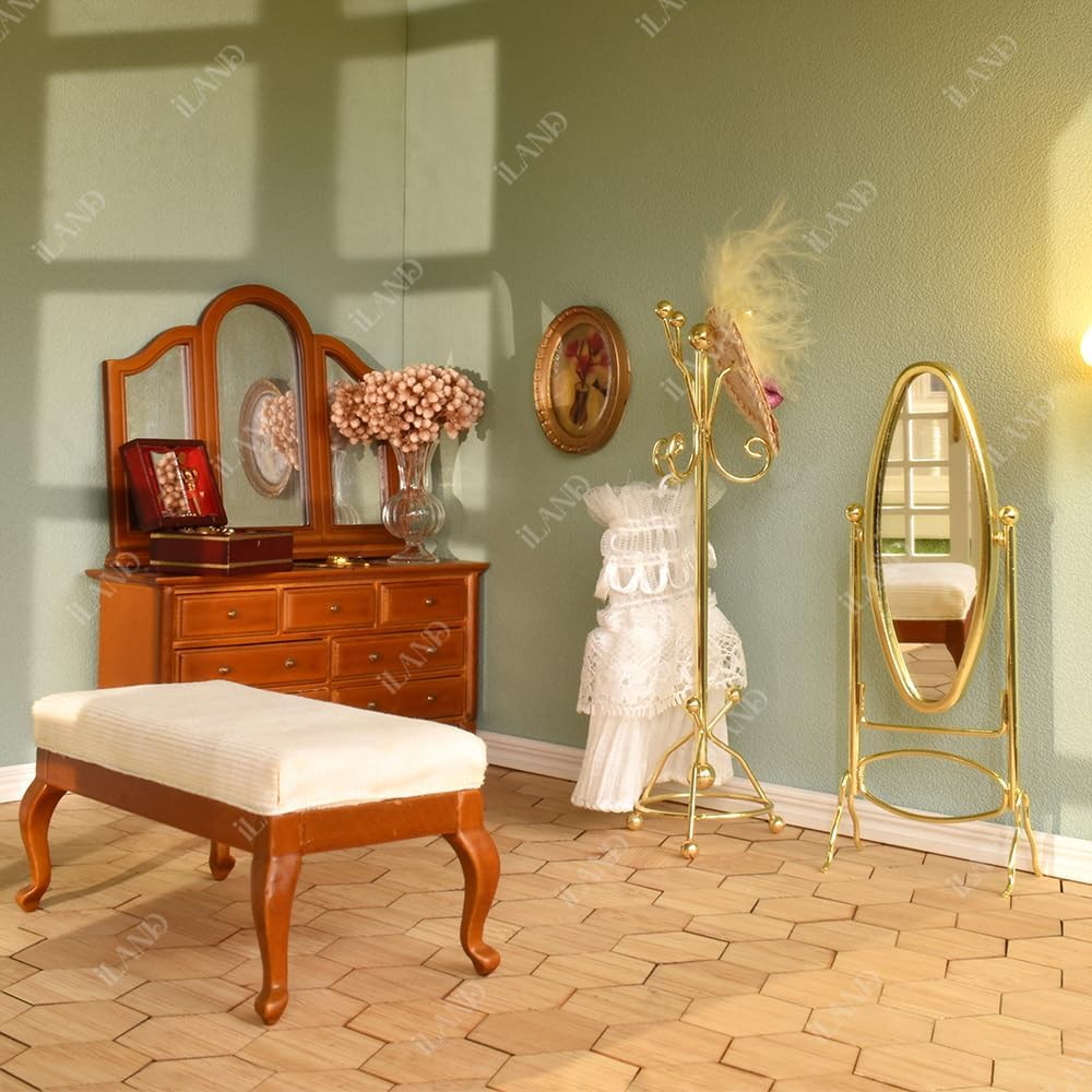 1:12 Scale Dollhouse Coat Rack Full Length Mirror Golden Miniature Furniture For Dollhouse