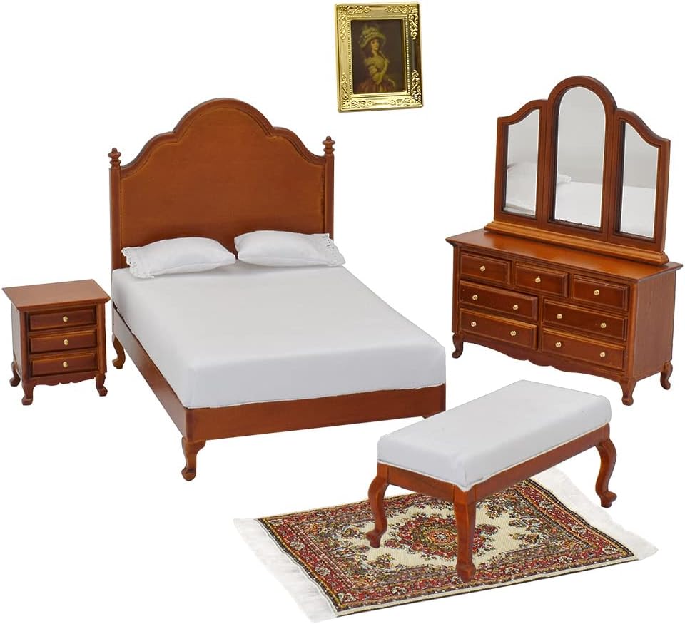 1:12 Scale Vintage Dollhouse Bedroom Set With Walnut Furniture And Woven Rug Miniature Dollhouse Accessories Romantic Gift