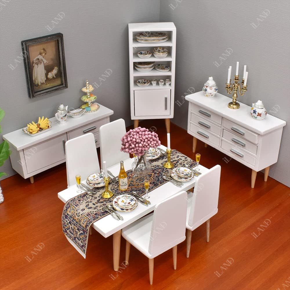 1:12 Scale Wooden Dining Room Dollhouse Furniture Miniature Table Chair Cabinet Set Modern Miniature Dollhouse Accessories